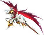  cape claws digimoji digimon digimon_story:_cyber_sleuth gauntlets gold horns jesmon monster no_humans official_art red_cape shoulder_pads simple_background solo sword tail torn_cape translated weapon white_background writing yasuda_suzuhito yellow_eyes 