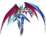  armor belt blue_armor bracelet digimon digimon_story:_cyber_sleuth dragon_wings energy_sword fingernails gauntlets horns jewelry monster no_humans official_art red_eyes shoulder_pads simple_background solo sword torn_wings ulforcevdramon very_long_fingernails weapon wings yasuda_suzuhito 