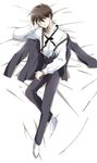  bad_id bad_pixiv_id brown_hair gundam gundam_wing heero_yuy looking_at_viewer male_focus purple_eyes ribbon school_uniform socks solo suspenders tktn white_background 