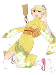  blonde_hair blue_eyes flower furisode hair_flower hair_ornament highres ino japanese_clothes jumping kimono midair obi open_mouth otome_function paddle sandals sash short_hair simple_background socks solo tabi tatiana_vasilievna_stalina yellow_kimono 