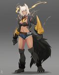  absurdres animal_ears bad_id bad_pixiv_id belt black_sclera blazblue breasts bullet_(blazblue) claws collar denim denim_shorts dog_ears dog_paws dog_tail fangs full_body fur fusion grey_background grin hellhound highres large_breasts less monster_girl_encyclopedia navel paws scar shadow short_shorts shorts signature smile solo spiked_collar spikes standing tail vest white_hair yellow_eyes 