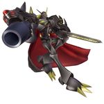  arm_cannon armor black_armor black_cape cape cel_shading digimoji digimon digimon_story:_cyber_sleuth game_model horns monster no_humans official_art omegamon_zwart red_eyes reflection sword translated weapon 