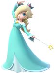  1girl blonde_hair blue_eyes crown earrings hair_over_one_eye highres jewelry lips looking_at_viewer mario_(series) mario_party official_art rosalina_(mario) rosetta_(mario) super_mario_bros. super_mario_galaxy wand 