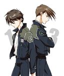  bad_id bad_pixiv_id blue_eyes brown_hair crossed_arms green_eyes gundam gundam_wing heero_yuy jacket multiple_boys smile tktn trowa_barton uniform 