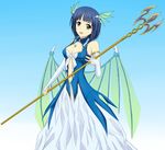  :d blue_background blue_eyes blue_hair bodice breasts bridal_gauntlets cosplay dragon_wings dress green_wings hair_ornament hayami_saori head_wings highres kachimira leviathan_(zettai_bouei_leviathan) leviathan_(zettai_bouei_leviathan)_(cosplay) long_dress looking_at_viewer medium_breasts navel open_mouth polearm sachi_(sao) seiyuu_connection short_hair smile solo sword_art_online trident weapon wings zettai_bouei_leviathan 