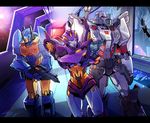  1girl 2boys autobot broken_glass dataglitch glass glowing glowing_eyes gun hallway handgun holding holding_gun holding_weapon insignia letterboxed looking_to_the_side mecha megatron multiple_boys nautica nightbeat no_humans robot science_fiction scope signature space standing transformers weapon 