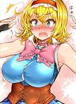  adapted_costume alice_margatroid alternate_breast_size blonde_hair blue_dress blue_eyes blush bow bra breasts corset dress hairband highres large_breasts lolita_hairband open_mouth roki_(hirokix) short_hair simple_background sleeveless solo sweat text_focus touhou underwear 
