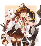  ahoge bad_id bad_pixiv_id black_hair blue_eyes blush brown_hair cheek_kiss closed_eyes cup detached_sleeves double_bun glasses hairband haruna_(kantai_collection) hiei_(kantai_collection) japanese_clothes kantai_collection kirishima_(kantai_collection) kiss kongou_(kantai_collection) long_hair mochi_fuji multiple_girls nontraditional_miko one_eye_closed open_mouth papers short_hair skirt teacup thighhighs turret wince zettai_ryouiki 