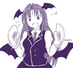  :d bat_wings fang head_wings koakuma long_hair looking_at_viewer low_wings monochrome musical_note necktie open_mouth oven_mitts simple_background smile solo taurine_8000mg touhou twitter_username white_background wings 