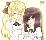  blonde_hair bow brown_eyes brown_hair closed_eyes eyebrows hair_bow hair_over_one_eye hand_on_own_chest ikezawa_hanako katawa_shoujo light_smile long_hair multiple_girls open_mouth ponytail satou_lilly scar school_uniform shirt signature simple_background thescarletdevil white_shirt 