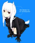  bad_id bad_pixiv_id bird_tail black_footwear black_gloves blue_background boots character_name full_body glasses gloves heidimarie_w_schnaufer hloox long_hair long_sleeves military military_uniform red_eyes simple_background solo strike_witches tail uniform white_hair world_witches_series 