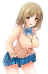  :d blush breasts brown_eyes brown_hair cardigan hair_ornament idolmaster idolmaster_cinderella_girls large_breasts mimura_kanako open_mouth plaid plaid_skirt short_hair skirt skirt_lift smile solo standing thighs uni8 