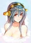  bathing black_hair blush breasts hairband haruna_(kantai_collection) headgear highres kantai_collection large_breasts long_hair looking_at_viewer nude partially_submerged shirousagi_uyu solo water wavy_mouth 