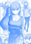  2boys 2girls :d =_= ^_^ ai-chan_(tawawa) arms_behind_back bag blue bra bra_peek braid bralines breasts breath cleavage closed_eyes commentary_request eyebrows_visible_through_hair eyes_closed getsuyoubi_no_tawawa himura_kiseki huge_breasts index_finger_raised kouhai-chan_(tawawa) loafers long_sleeves looking_at_viewer medium_hair monochrome multiple_boys multiple_girls open_mouth outdoors pantyhose plaid plaid_scarf pleated_skirt scarf school_bag shoes shoulder_bag skirt smile trembling twin_braids underwear v-shaped_eyebrows 