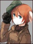  black_border black_gloves blue_eyes border brown_scarf coat gloves grey_background hand_on_headwear hat isabelle_du_monceau_de_bergendal long_sleeves noble_witches orange_hair scarf shiraba_(sonomama_futene) short_hair smile solo striped striped_scarf world_witches_series 