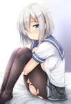  black_legwear blue_eyes blush breasts gloves hair_ornament hair_over_one_eye hairclip hamakaze_(kantai_collection) kantai_collection large_breasts looking_at_viewer open_clothes open_shirt pantyhose school_uniform serafuku shirt short_hair short_sleeves silver_hair sitting skirt solo tears torn_clothes torn_legwear uni8 white_gloves 