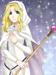  74 blonde_hair blue_eyes fire_emblem fire_emblem:_seima_no_kouseki holding hood jewelry natasha_(fire_emblem) robe simple_background smile solo staff 