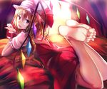  bad_id bad_pixiv_id barefoot blonde_hair fang feet flandre_scarlet hat hat_ribbon highres hizagawa_rau legs_up looking_at_viewer looking_back lying mob_cap on_stomach open_mouth pointy_ears puffy_short_sleeves puffy_sleeves red_eyes ribbon shirt short_sleeves side_ponytail skirt skirt_set smile soles solo the_pose toes touhou vest wings wrist_cuffs 
