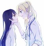  ayase_eli blonde_hair blue_eyes collared_shirt doctor earrings eye_contact hand_on_another's_face height_difference jewelry labcoat long_hair looking_at_another love_live! love_live!_school_idol_project multiple_girls ponytail purple_hair shen_yi shirt simple_background sketch sleeves_rolled_up sonoda_umi stethoscope stud_earrings very_long_hair white_background white_shirt yellow_eyes yuri 