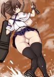  arrow ass black_legwear bow_(weapon) breasts brown_eyes brown_hair censored from_behind jema kaga_(kantai_collection) kantai_collection large_breasts nipples pussy skirt solo thighhighs torn_clothes underwear weapon 