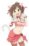  1girl :d anbe_masahiro animal_ears bell bell_collar blush breasts brown_hair cat_ears cat_tail cleavage collar fang fishnet_legwear fishnets garter_straps green_eyes idolmaster idolmaster_cinderella_girls jingle_bell looking_at_viewer maekawa_miku midriff navel open_mouth paw_pose simple_background smile solo standing tail white_background 