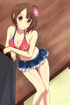  breasts brown_eyes brown_hair hair_ornament highres large_breasts leaning okita_sawa short_hair smile standing swimsuit tari_tari tranquilizer_(bestcenter) 