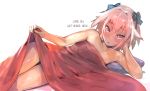  1boy arm_support astolfo_(fate) black_bow blue_bow bow eyebrows_visible_through_hair fate/apocrypha fate_(series) hair_bow hard_translated head_rest lifted_by_self lifting_covers long_hair looking_at_viewer lying male_focus multicolored_hair nude on_side p_answer pillow pink_hair purple_eyes shiny shiny_hair shiny_skin simple_background solo streaked_hair tan thighs translated trap under_covers white_background white_hair 