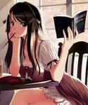  absurdres book breast_rest breasts brown_eyes brown_hair chair chin_rest cleavage crossed_legs dress english food frills gathers hair_ribbon hairband hands highres holding huge_filesize large_breasts leaning_forward legs light_smile long_hair looking_at_viewer mouth_hold original pocky ribbon sitting smile solo table tanaka_takayuki window 