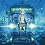 1girl air_bubble album_cover bag blue brown_hair bubble chin_rest cover flood green_eyes ground_vehicle hair_ornament highres horns immersed konno_takashi looking_at_viewer original railroad_tracks school_bag school_uniform signature smile submerged sweater_vest thighhighs train twintails underwater 