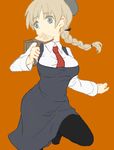  bad_id bad_pixiv_id black_legwear blue_eyes braid dress food food_in_mouth hair_ribbon hat hloox leg_up light_brown_hair loafers long_hair long_sleeves lynette_bishop mouth_hold necktie orange_background pantyhose ribbon shoes simple_background single_braid solo strike_witches sweatdrop toast toast_in_mouth world_witches_series 