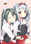  =_= arm_hug blush brown_eyes closed_eyes drooling grey_hair hakama_skirt headband japanese_clothes kantai_collection long_hair masuishi_kinoto multiple_girls muneate pleated_skirt red_skirt shoukaku_(kantai_collection) silver_hair skirt smile thought_bubble twintails zuikaku_(kantai_collection) 