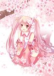  boots cherry_blossoms detached_sleeves flower hair_flower hair_ornament hatsune_miku highres kneeling long_hair necktie open_mouth pink_eyes pink_footwear pink_hair sakura_miku skirt solo thigh_boots thighhighs tinkle2013 twintails very_long_hair vocaloid 
