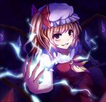  ascot blonde_hair dress flandre_scarlet grin hat hat_ribbon meng_xiao_jiong mob_cap red_dress red_eyes ribbon side_ponytail smile solo touhou wings 