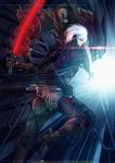  bladewolf blue_eyes carymono cyborg electricity glowing glowing_sword glowing_weapon highres metal_gear_(series) metal_gear_rising:_revengeance raiden sheath sword weapon white_hair 