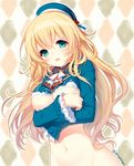  atago_(kantai_collection) beret blonde_hair blue_eyes breasts green_eyes hat kantai_collection large_breasts long_hair lowres navel open_mouth shirahane_nao solo torn_clothes 