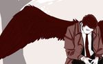  1boy angel_wings brown_hair castiel eyes_closed neck_tie necktie sitting solo supernatural_(tv_series) text trench_coat wings 