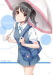  bad_id bad_pixiv_id bag black_hair brown_eyes dabadhi highres sakai_wakana school_bag school_uniform short_hair simple_background smile tari_tari umbrella 