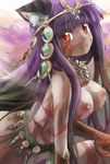  animal_ears bangs bastet_(p&amp;d) blunt_bangs breasts cat_ears colored_eyelashes facial_tattoo fangs gekka_no_aibyoushin_bastet headdress jewelry large_breasts long_hair looking_at_viewer necklace nipples purple_hair puzzle_&amp;_dragons red_eyes slit_pupils solo tattoo very_long_hair yohane 