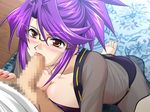  1boy 1girl blush breed censored fellatio game_cg glasses kneeling lingerie oral penis purple_hair underwear 