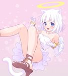  angel animal_ears bare_shoulders blue_eyes cat_ears cat_tail commentary_request dress elbow_gloves feet gloves halo high_heels k10k legs open_mouth original sandals short_hair smile solo strapless strapless_dress strappy_heels tail toes white_hair wings 