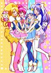  ;d absurdres aino_megumi amawa_kazuhiro ankle_boots blonde_hair blue_eyes blue_hair blue_legwear blue_skirt blush boots bow choker crown cure_fortune cure_honey cure_lovely cure_princess earrings gurasan_(happinesscharge_precure!) hair_ornament hair_ribbon happinesscharge_precure! heart heart_hair_ornament highres hikawa_iona jewelry knee_boots long_hair looking_at_viewer magical_girl multiple_girls one_eye_closed oomori_yuuko open_mouth pink_bow pink_eyes pink_hair pink_skirt ponytail precure purple_eyes purple_hair ribbon ribbon_(happinesscharge_precure!) shirayuki_hime skirt smile thigh_boots thighhighs twintails white_footwear white_legwear wide_ponytail wrist_cuffs yellow_eyes zettai_ryouiki 