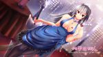  borrowed_character breasts cleavage cup dress drinking_glass highres long_hair medium_breasts multicolored_hair original pantyhose red_eyes solo sword tennouji_masamichi two-tone_hair weapon wine_glass 