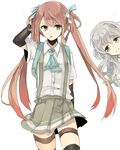  aqua_eyes arm_behind_back arm_behind_head arm_warmers asagumo_(kantai_collection) ascot backpack bag black_legwear brown_hair chibirisu collared_shirt cowboy_shot grey_skirt kantai_collection long_hair multiple_girls peeking_out pleated_skirt randoseru school_uniform shirt silver_eyes silver_hair simple_background skirt smile standing thighhighs twintails wavy_hair white_background yamagumo_(kantai_collection) 