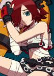  a.b.a aka_(s3637) bandaged_arm bandages bare_shoulders black_gloves blue_background blue_eyes empty_eyes fingerless_gloves frown gloves guilty_gear guilty_gear_xx hair_over_one_eye key key_in_head keyhole paracelsus red_eyes red_hair ringed_eyes short_hair simple_background solo 