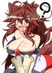  ? absurdres animal_ears bare_shoulders bone breasts brooch brown_eyes brown_hair cleavage collarbone fang highres imaizumi_kagerou jewelry large_breasts long_sleeves looking_at_viewer off_shoulder open_mouth ponytail rindou_(p41neko) shirt sitting skirt solo spoken_question_mark tail touhou v_arms wide_sleeves wolf_ears wolf_tail 