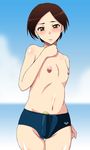  1girl androgynous brown_hair female flat_chest m-eiji navel nipples reverse_trap short_hair solo swim_briefs swimsuit topless 