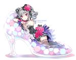  bare_shoulders black_legwear character_name detached_sleeves downscaled drill_hair flower hair_flower hair_ornament high_heels idolmaster idolmaster_cinderella_girls in_shoe kanzaki_ranko md5_mismatch minigirl nardack oversized_object red_eyes resized silver_hair smile solo thighhighs twintails twitter_username 