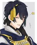  bad_id bad_pixiv_id blue_eyes blue_hair gloves hair_ornament highres japanese_clothes male_focus mikazuki_munechika one_eye_closed purin_(purin0) smile solo star tongue touken_ranbu translated 