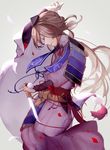  arm_up armor bad_id bad_pixiv_id brown_hair chin_strap closed_eyes hat ima-no-tsurugi japanese_armor kusazuri long_hair male_focus parted_lips profile reverse_grip rojer18 sheath shoulder_armor sode solo stole tantou tokin_hat touken_ranbu 