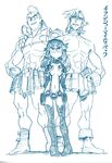  1girl 2boys armpit_holster bandaid bandaid_on_nose belt blush boots breasts highres holster imaishi_hiroyuki kill_la_kill kinagase_tsumugu matoi_ryuuko mikisugi_aikurou mohawk monochrome multiple_boys nudist_beach_uniform utility_belt weapon 